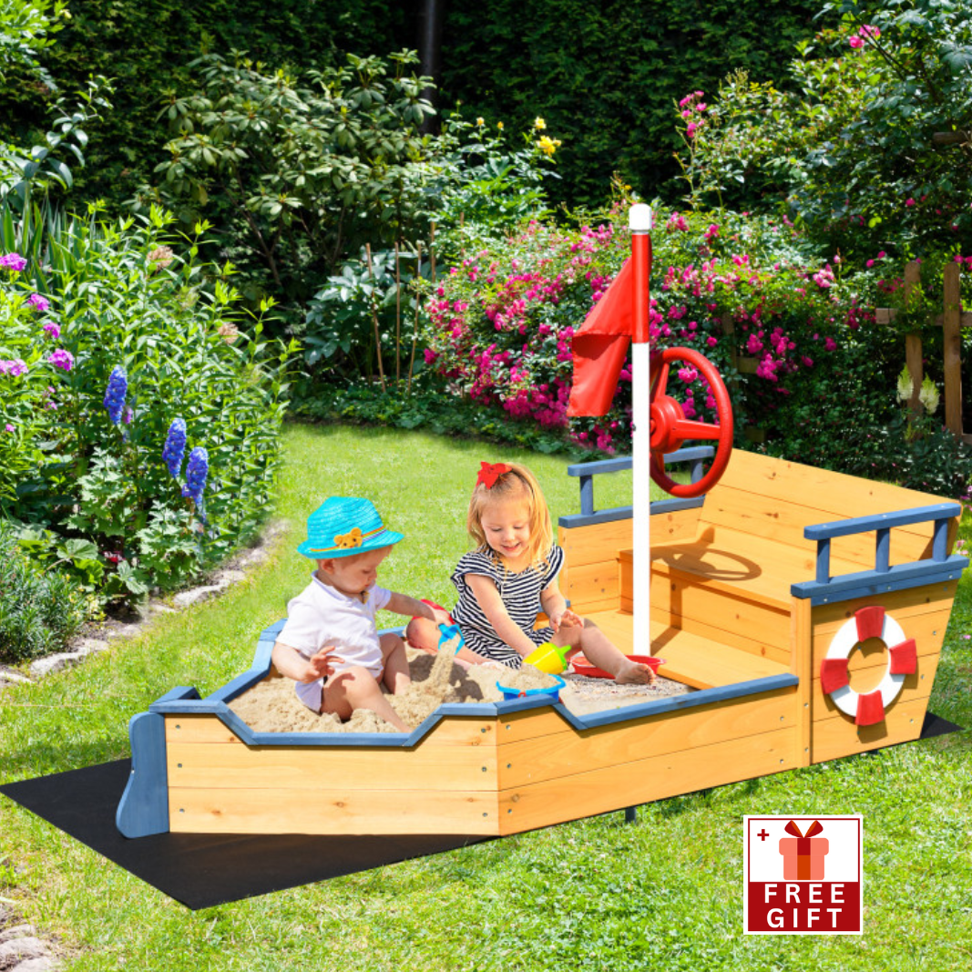 Kids Pirate Boat Wooden Sandbox Children Outdoor Playset