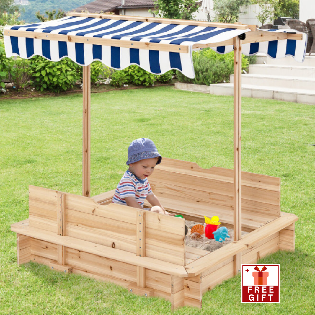 Kids Wooden Sandbox with Canopy and Bench Seats