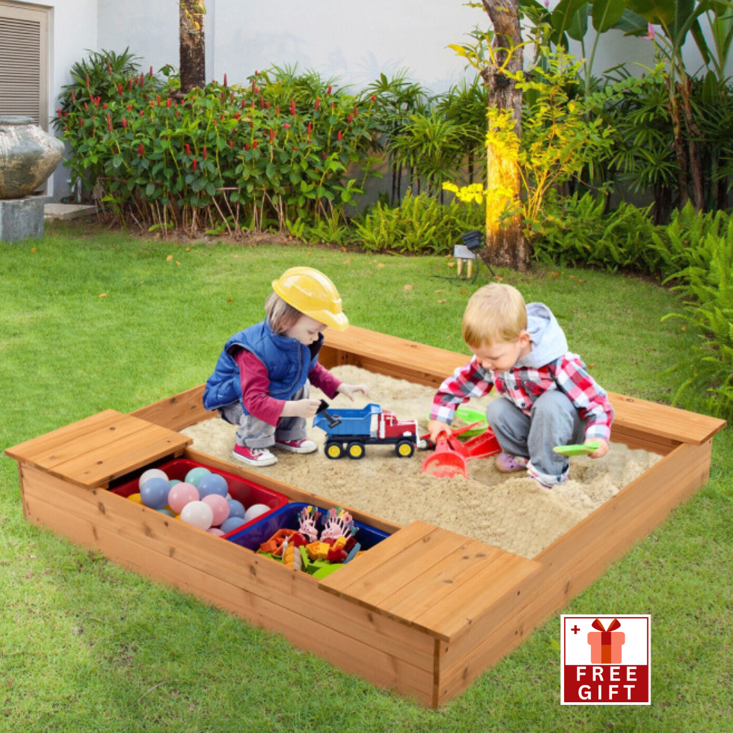 Kids Wooden Sandbox with Bench Seats and Storage Boxes