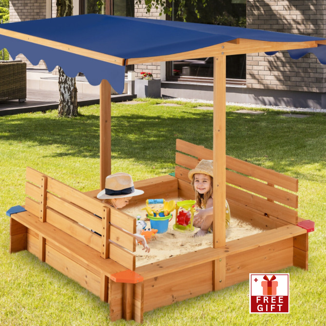 Kids Wooden Sandbox with Canopy and 2 Bench Seats