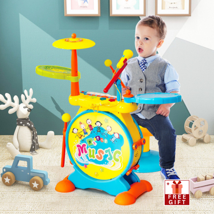 2-In-1 Kids Electronic Drum and Keyboard Set with Stool