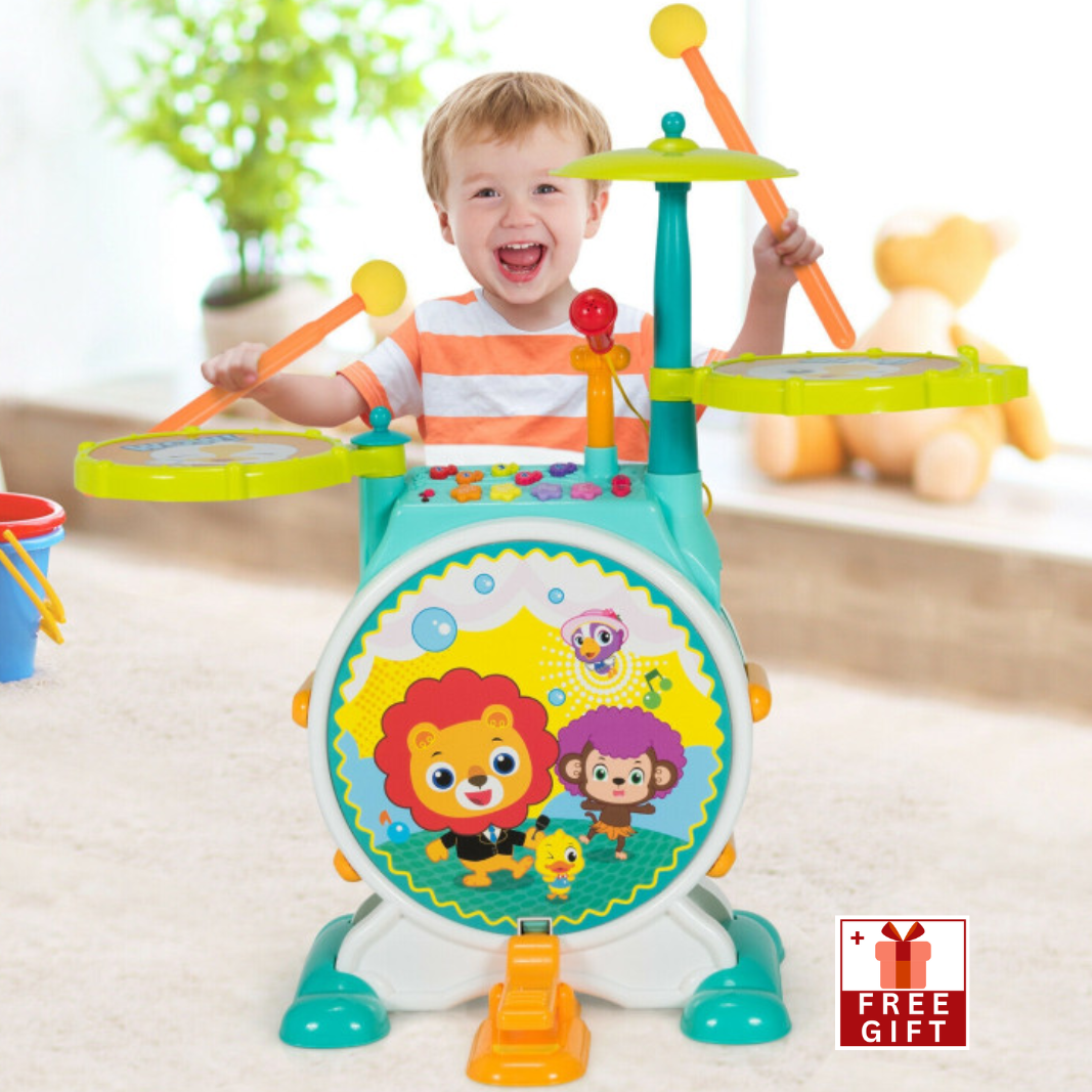 3 Pieces Electric Kids Drum Set with Microphone Stool Pedal