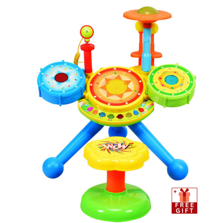 Kids Electric Jazz Drum Set with Stool Microphone and LED Light