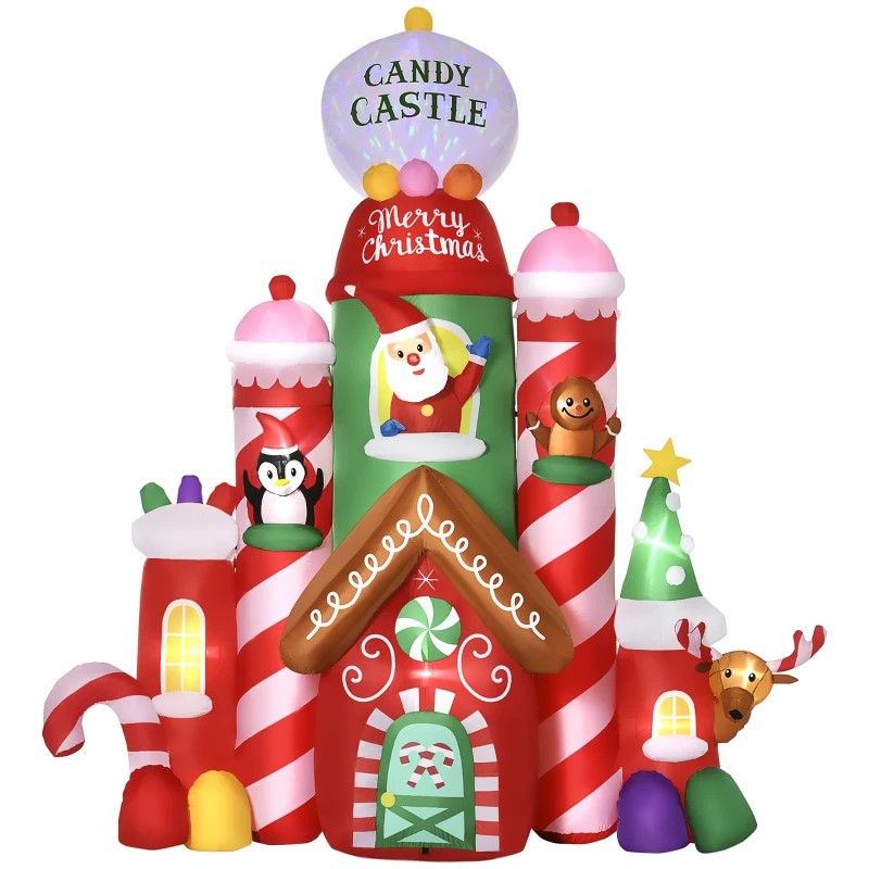 10FT Christmas Inflatables Candy Castle – LED Blow-Up Yard Decor with Rotating Lights