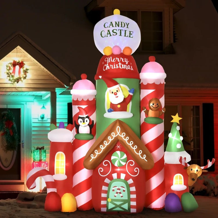 10FT Christmas Inflatables Candy Castle – LED Blow-Up Yard Decor with Rotating Lights