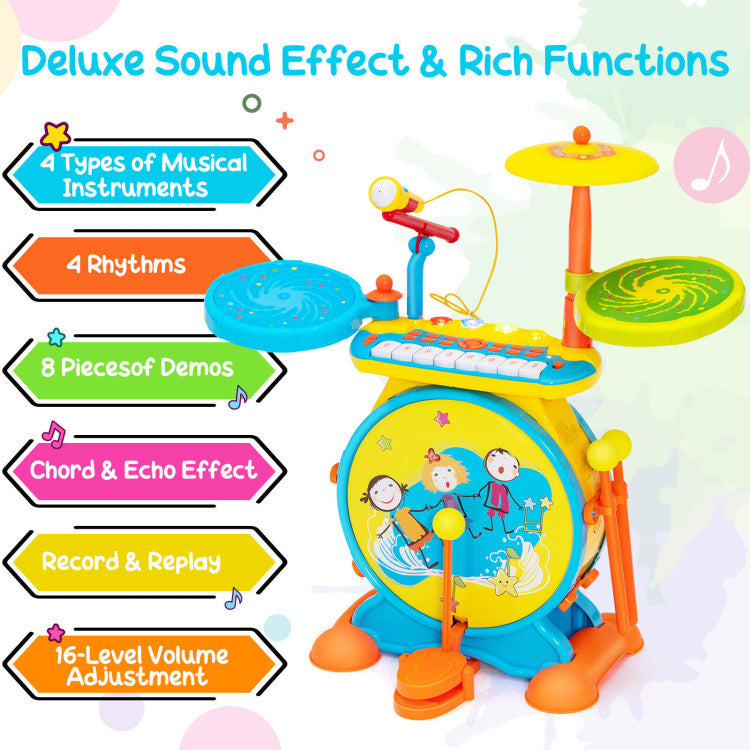 2-In-1 Kids Electronic Drum and Keyboard Set with Stool