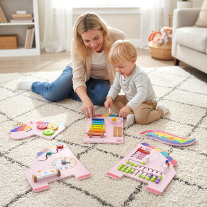 Wall-mounted busy board designed to save space and encourage learning