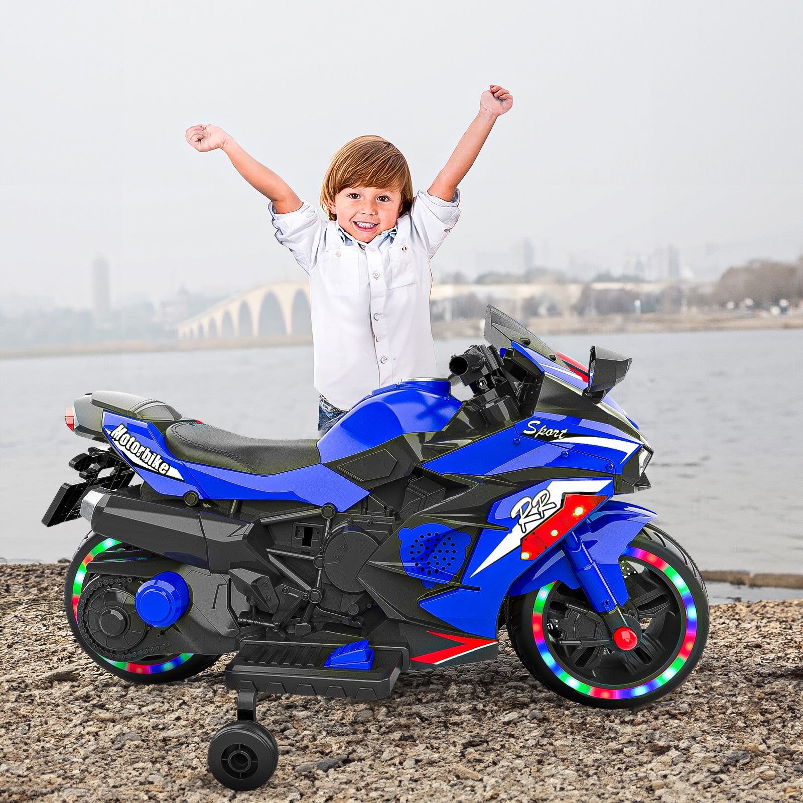 12V Electric Ride-On Toy Motorcycle for Kids with Light-Up Wheels, Bluetooth Music & Lights