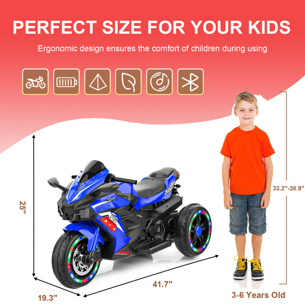 12V Kids Electric Ride-On Motorcycle, 3-Wheel Toy with LED Lights & Bluetooth Music