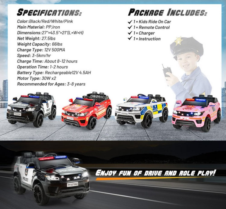 12V Police Car Ride-On for Kids with Remote Control - Electric Toy Vehicle