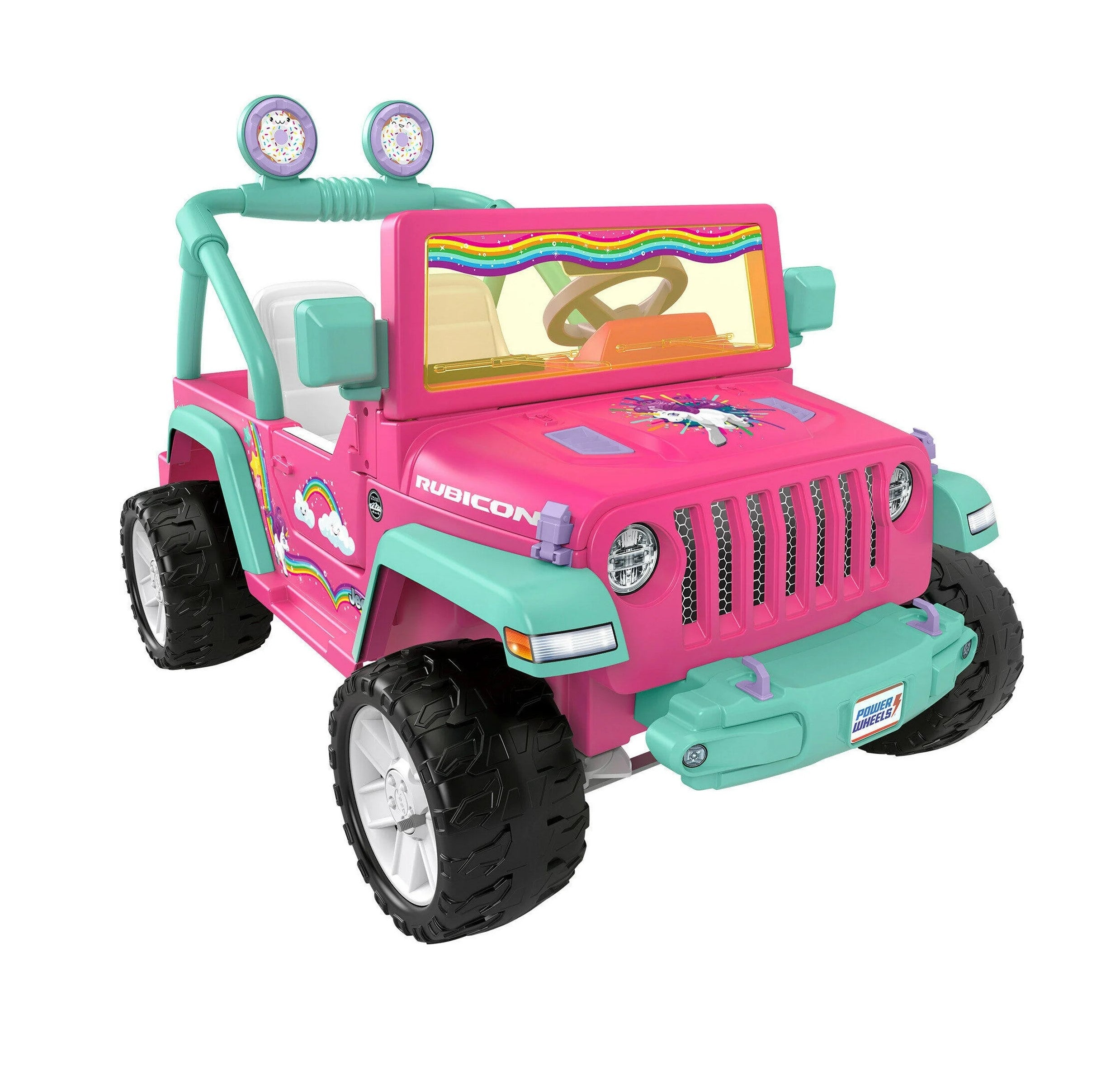 12V Power Wheels Rainbow Unicorn Jeep Wrangler Preschool Ride-On Toy With Sounds & Cute Stickers