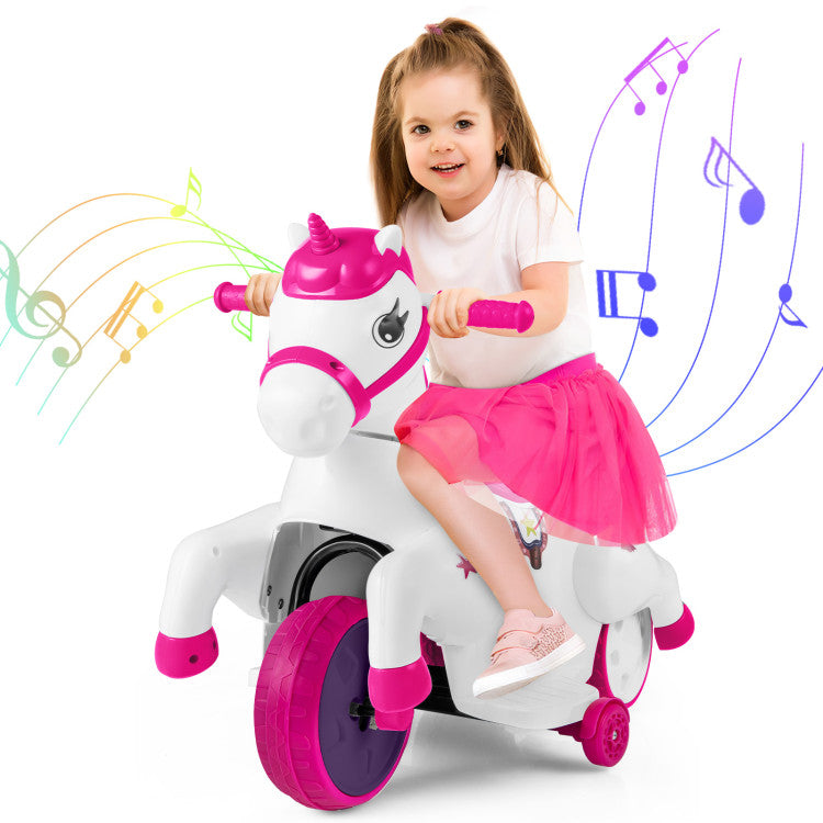 12V Unicorn Ride-On Toy with Training Wheels, Horse Riding Mode, and LED Lights