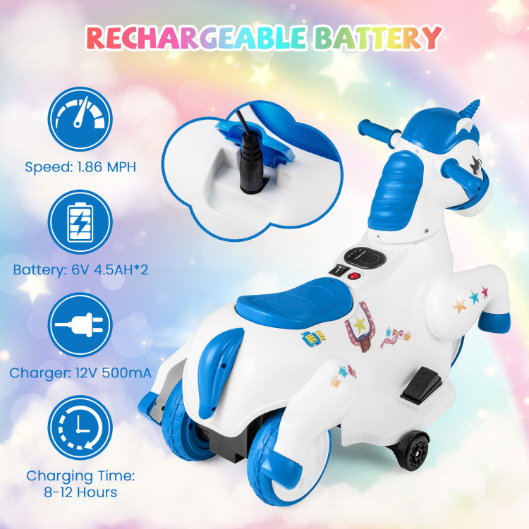 12V Unicorn Ride-On Toy with Training Wheels, Horse Riding Mode, and LED Lights