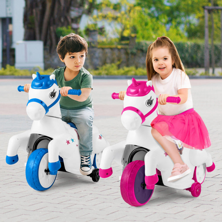 12V Unicorn Ride-On Toy with Training Wheels, Horse Riding Mode, and LED Lights