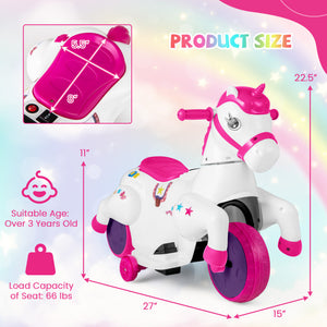 12V Unicorn Ride-On Toy with Training Wheels, Horse Riding Mode, and LED Lights