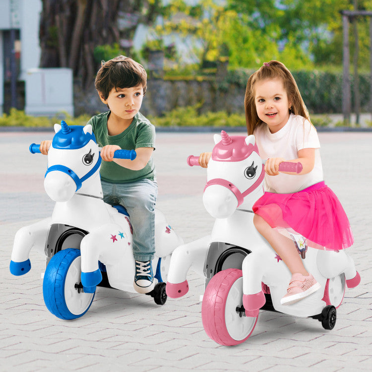 12V Unicorn Ride-On Toy with Training Wheels, Horse Riding Mode, and LED Lights