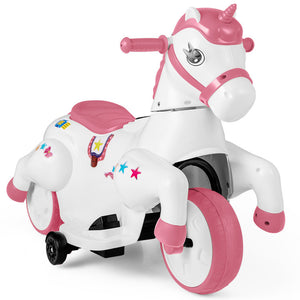 12V Unicorn Ride-On Toy with Training Wheels, Horse Riding Mode, and LED Lights