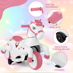 12V Unicorn Ride-On Toy with Training Wheels, Horse Riding Mode, and LED Lights