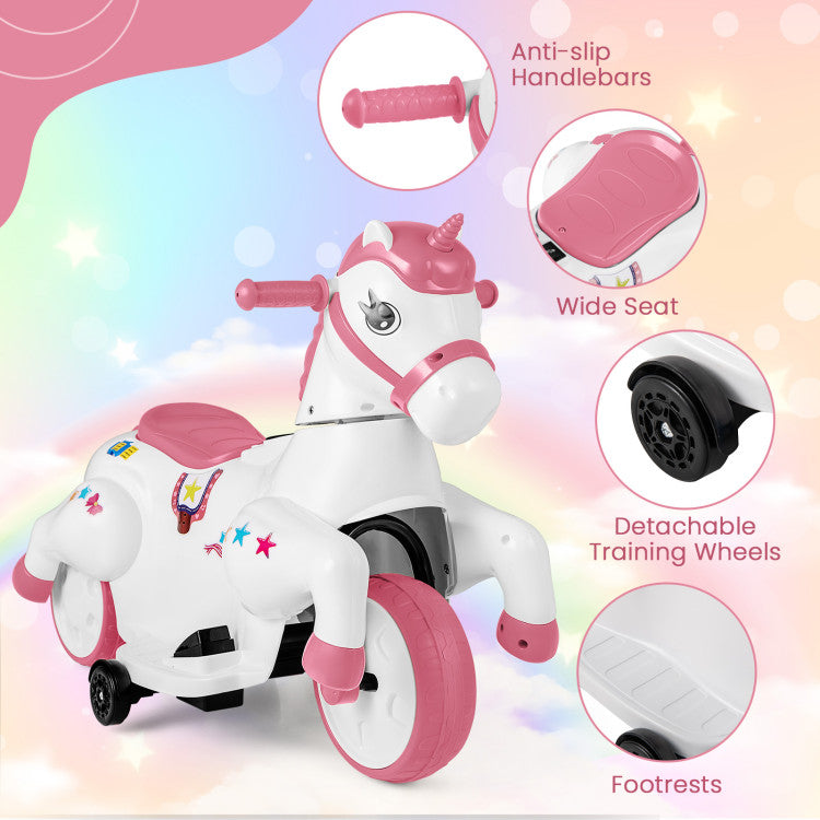 12V Unicorn Ride-On Toy with Training Wheels, Horse Riding Mode, and LED Lights