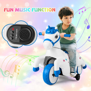 12V Unicorn Ride-On Toy with Training Wheels, Horse Riding Mode, and LED Lights