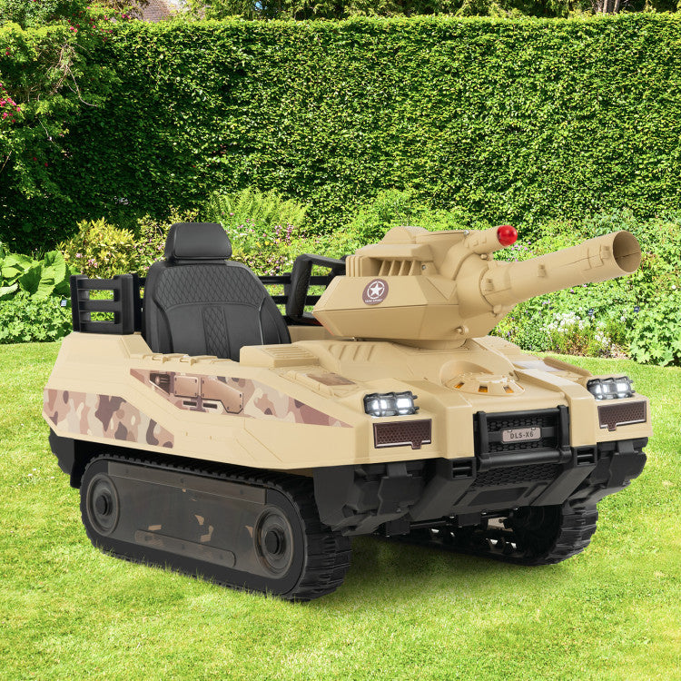 12V Electric Kids Ride-On Tank with Rotatable Turret & 8 Missiles for Ages 3-8