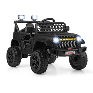 Black toy jeep with lights on a white background