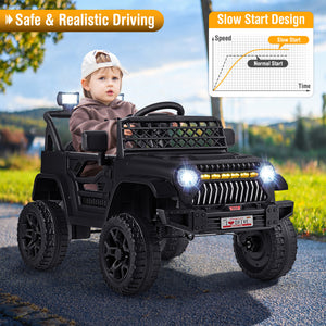 Child in a toy truck with safety features highlighted