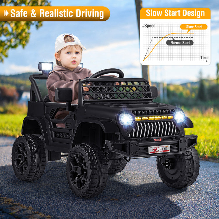 Child in a toy truck with safety features highlighted