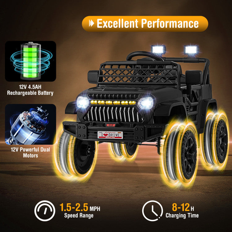 Black toy jeep ride-on vehicle with glowing yellow LED wheels, shown on a dark brown background with feature callouts including rechargeable battery, dual motors, speed range, and charging time.