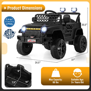 Black toy truck with dimensions and safety certifications displayed
