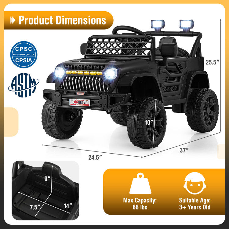Black toy truck with dimensions and safety certifications displayed