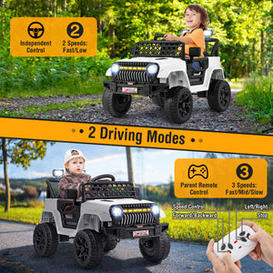 Children's electric toy car with remote control features, outdoors.