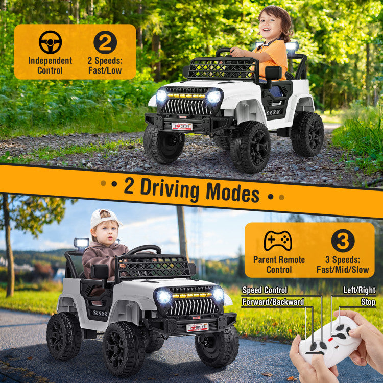 Children's electric toy car with remote control features, outdoors.