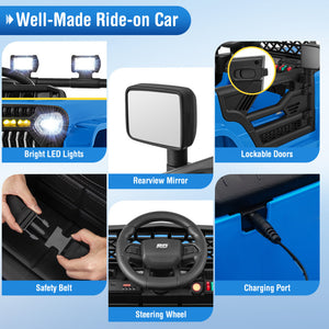 A feature comparison graphic for a ride-on car, showing close-up panels of a blue vehicle with labeled callouts: bright LED lights, a rearview mirror, lockable doors, a safety belt, the steering wheel, and a charging port. The top header reads 'Well-Made Ride-on Car.