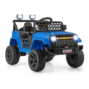 Blue toy jeep with black accents on a white background