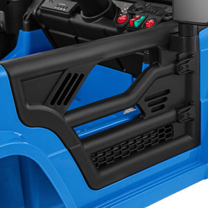 Close-up of a blue and black ride-on toy vehicle interior, showing the side panel, control buttons, and dashboard details.