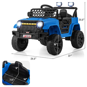 Blue toy truck with dimensions on a white background
