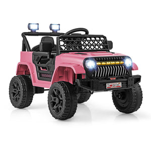 Pink toy jeep with black accents on a white background