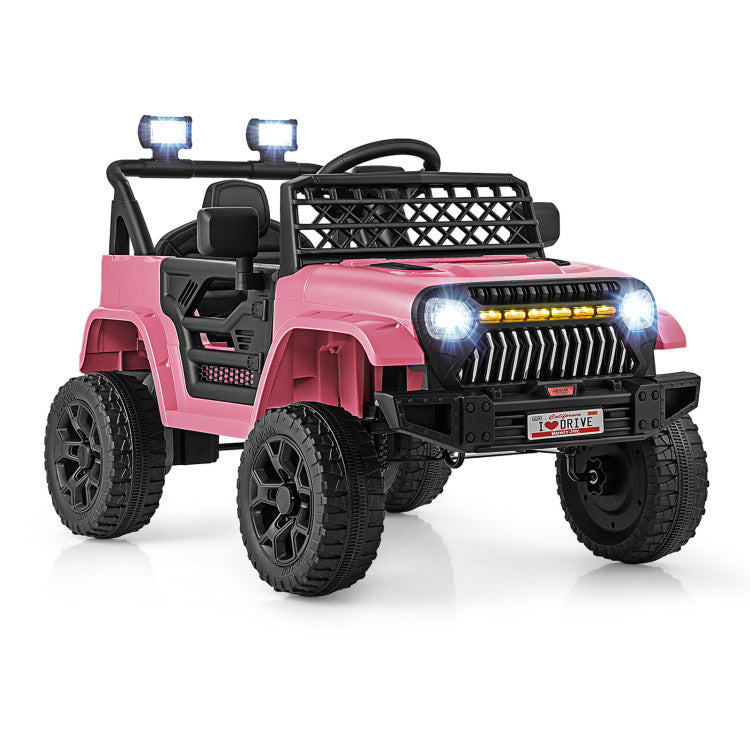 Pink toy jeep with black accents on a white background