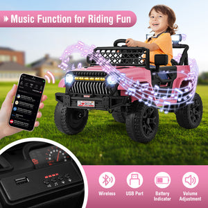 Child in a pink toy car with music function, smartphone control, and vehicle features displayed.