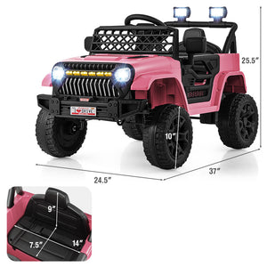 Pink and black toy Jeep-style ride-on vehicle shown on a white background with dimension callouts for length, width, and height, plus a small inset showing the seat angle.