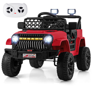 Red toy jeep with black accents and remote control on a white background