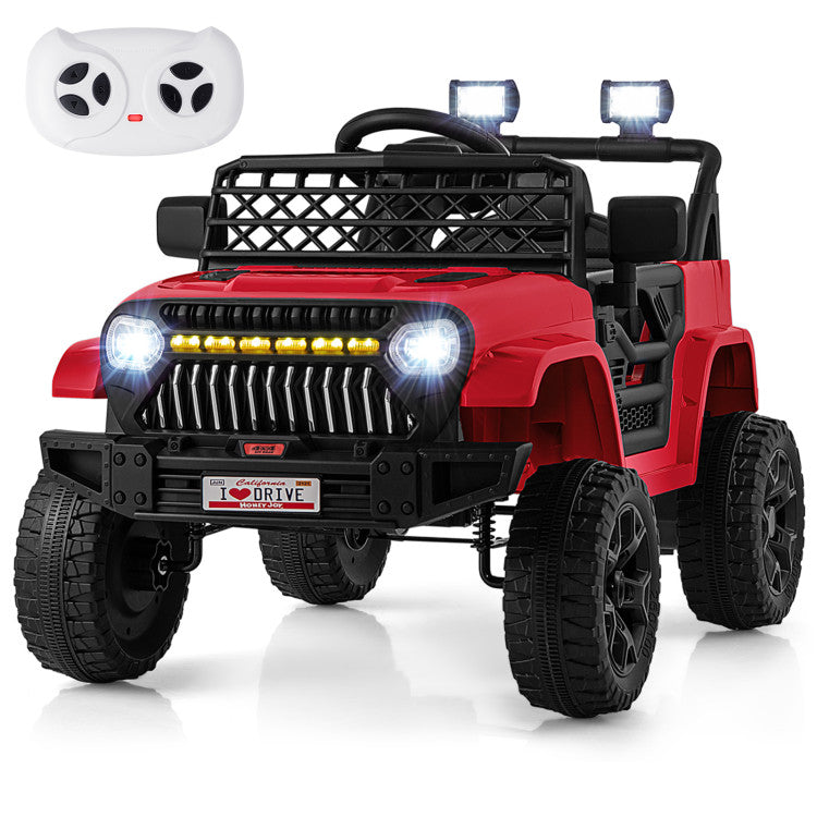 Red toy jeep with black accents and remote control on a white background