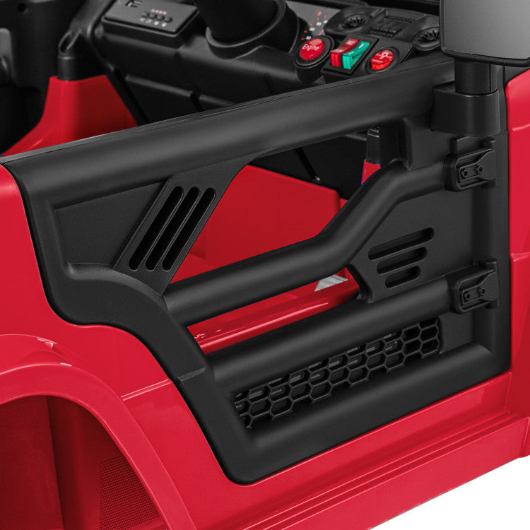 Close-up of a red vehicle's interior with black door panel and control buttons.
