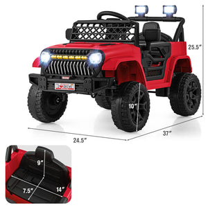 Red toy jeep with black accents and dimensions displayed on a white background
