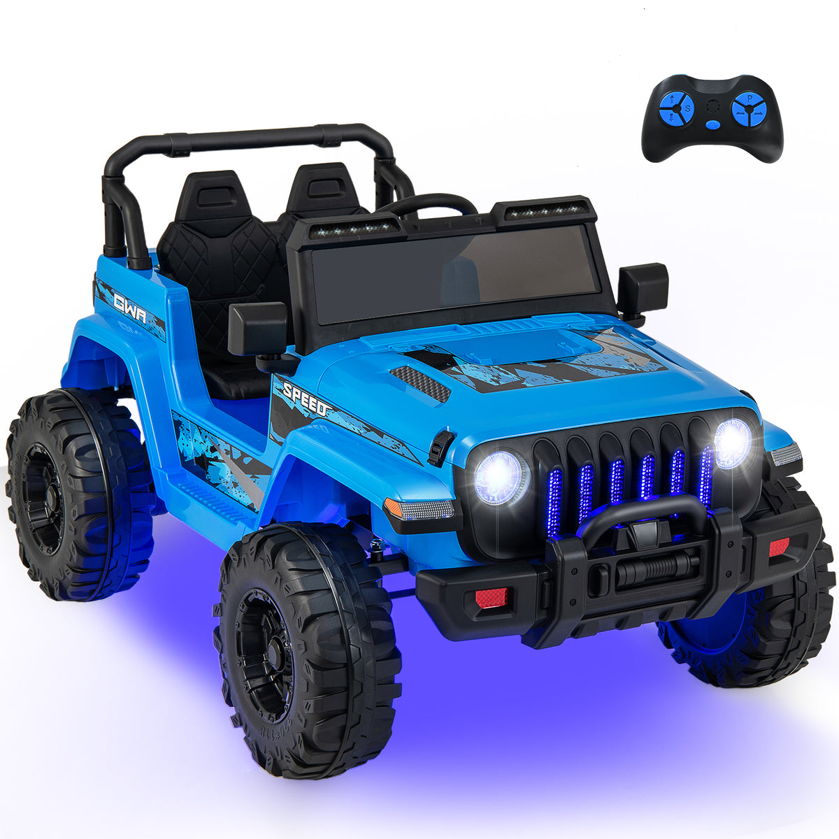 Blue toy jeep with remote control on a white background