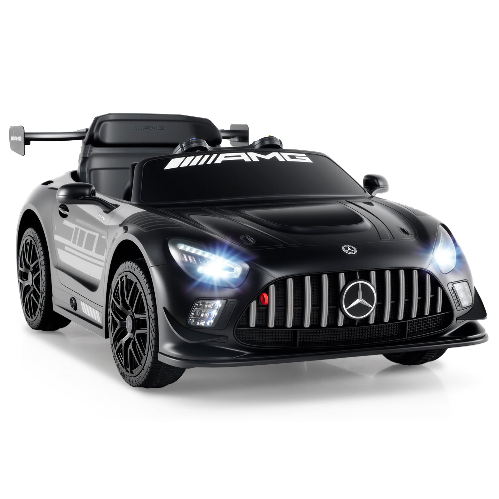Black toy car with Mercedes-Benz logo on a white background