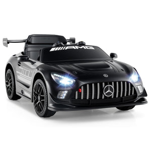 Black toy car with Mercedes-Benz logo on a white background