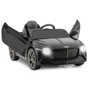 Black toy car with open doors on a white background