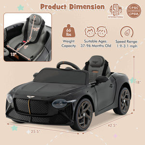 Gray toy car with dimensions and safety certification logos on a beige background